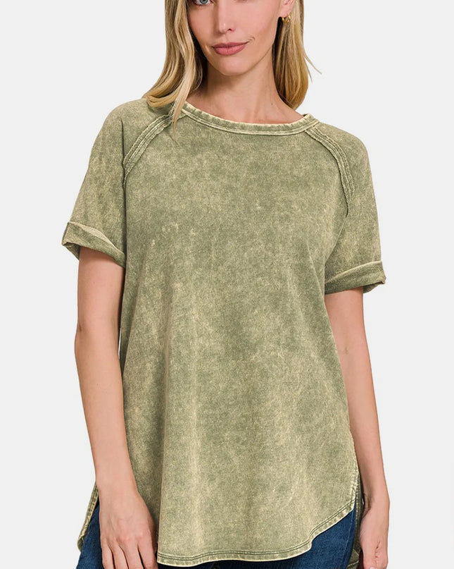 Zenana Heathered Round Neck Short Sleeve Top LTOLIVE