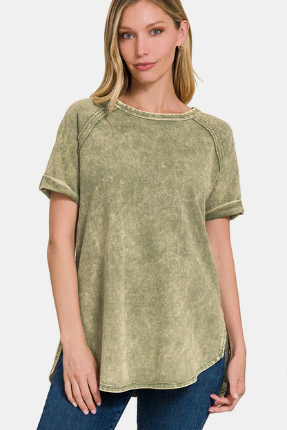 Zenana Heathered Round Neck Short Sleeve Top LTOLIVE