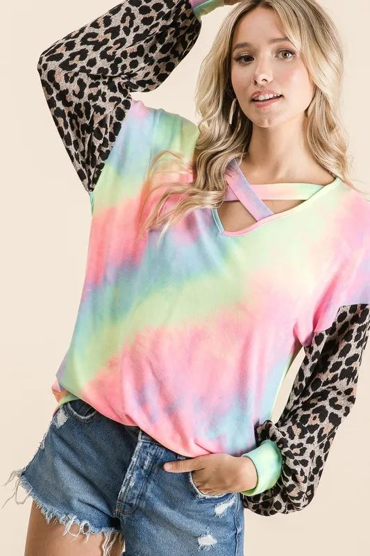 BiBi Tie Dye Terry Top with Leopard Puff Sleeves PASTEL TIE DYE