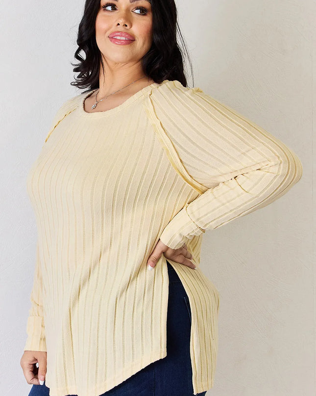 Basic Bae Full Size Ribbed Round Neck Slit T-Shirt