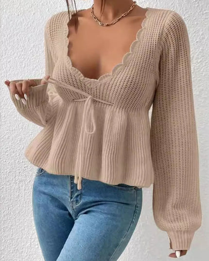 Scalloped V-Neck Drawstring Knit Top