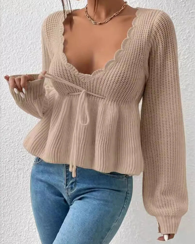 Scalloped V-Neck Drawstring Knit Top