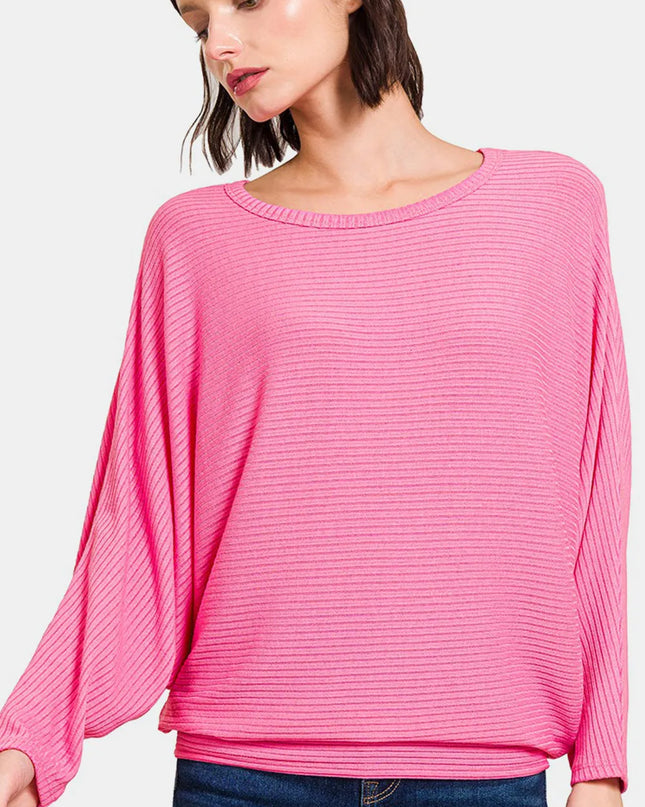Zenana Ribbed Round Neck Long Sleeve Top CANDY PINK