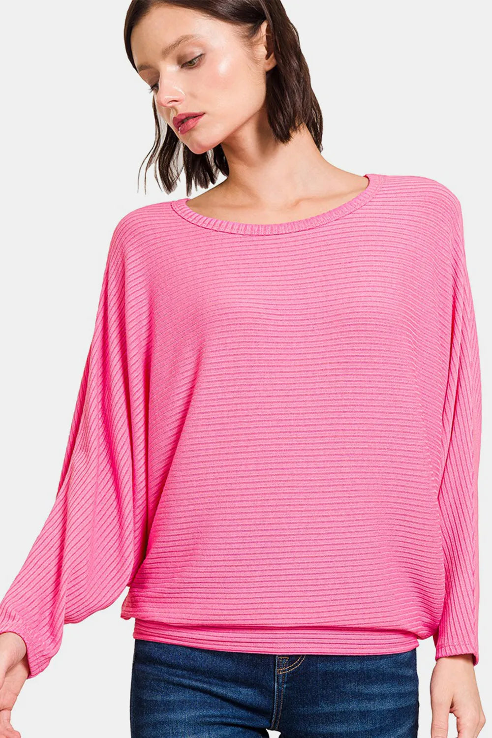 Zenana Ribbed Round Neck Long Sleeve Top CANDY PINK
