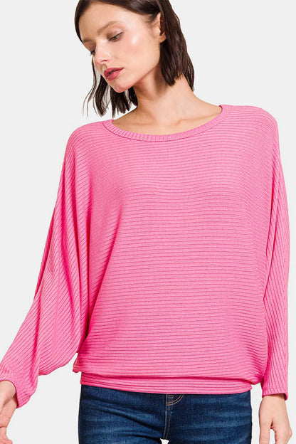 Zenana Ribbed Round Neck Long Sleeve Top CANDY PINK