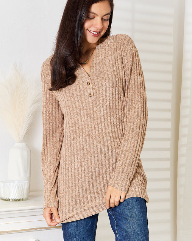 Double Take Notched Neck Ribbed Long Sleeve T-Shirt Khaki