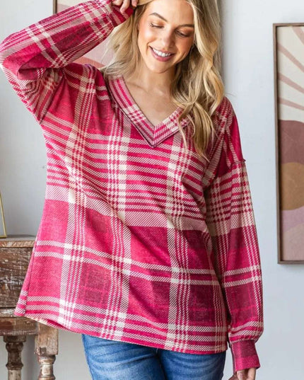 Heimish Plaid Drop Shoulder V-Neck T-Shirt