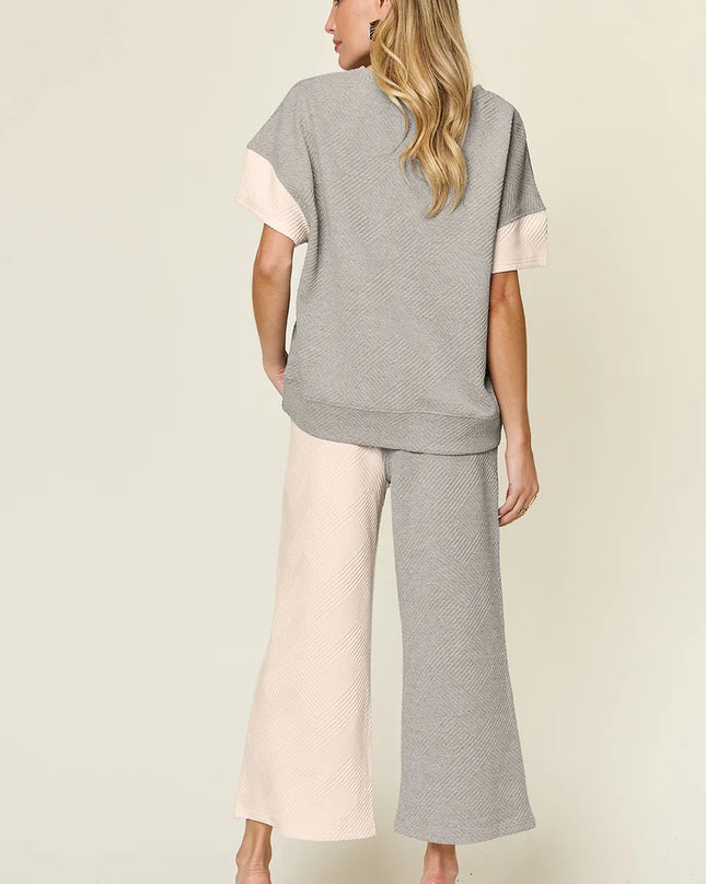 Double Take Full Size Texture Contrast T-Shirt and Wide Leg Pants Set