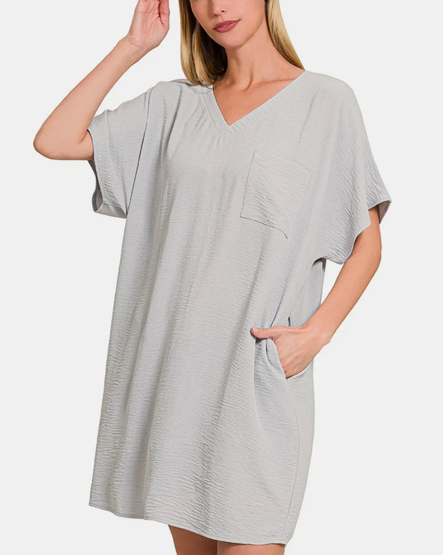 Zenana V-Neck Tee Dress with Pockets Lt Grey