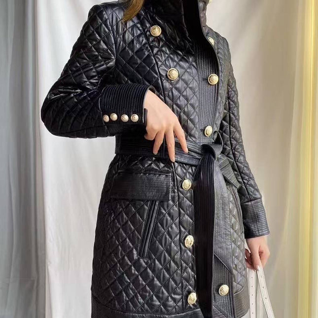 Stand Collar Sheepskin Leather Double-Breasted Coat