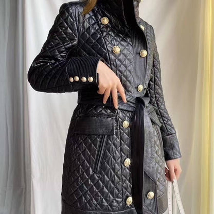 Stand Collar Sheepskin Leather Double-Breasted Coat