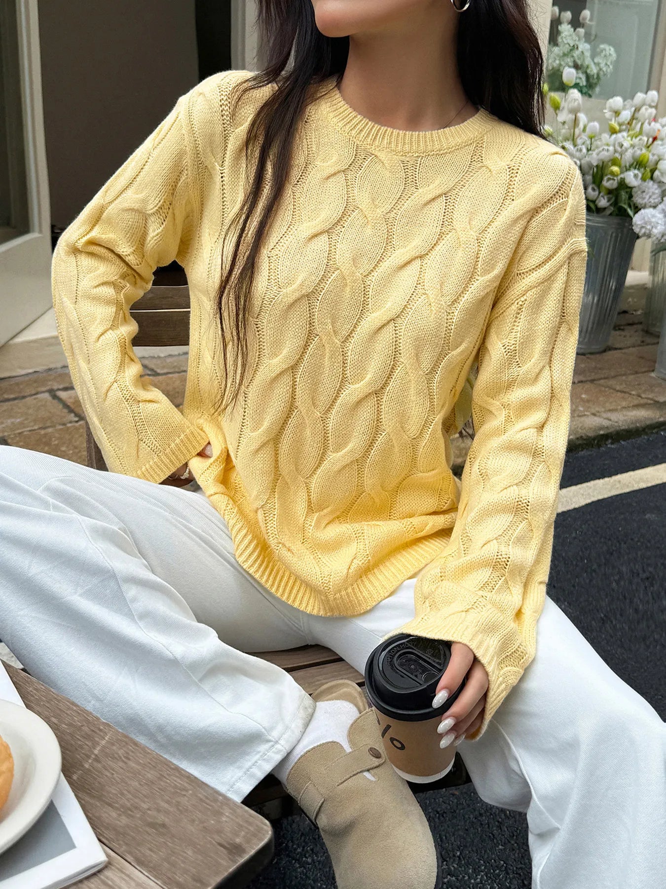 Cable Knit Long Sleeve Sweater Yellow