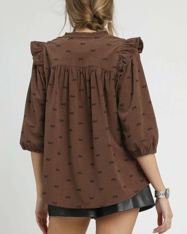 Umgee Bow Print Corduroy Puff Sleeve Blouse with Ruffled
