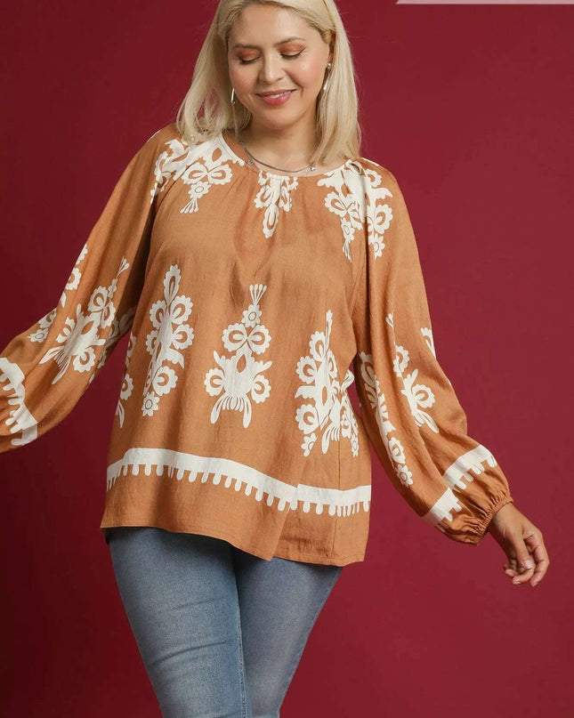 Umgee Full Size Two Tone Border Print Top with Balloon Sleeves Plus Size