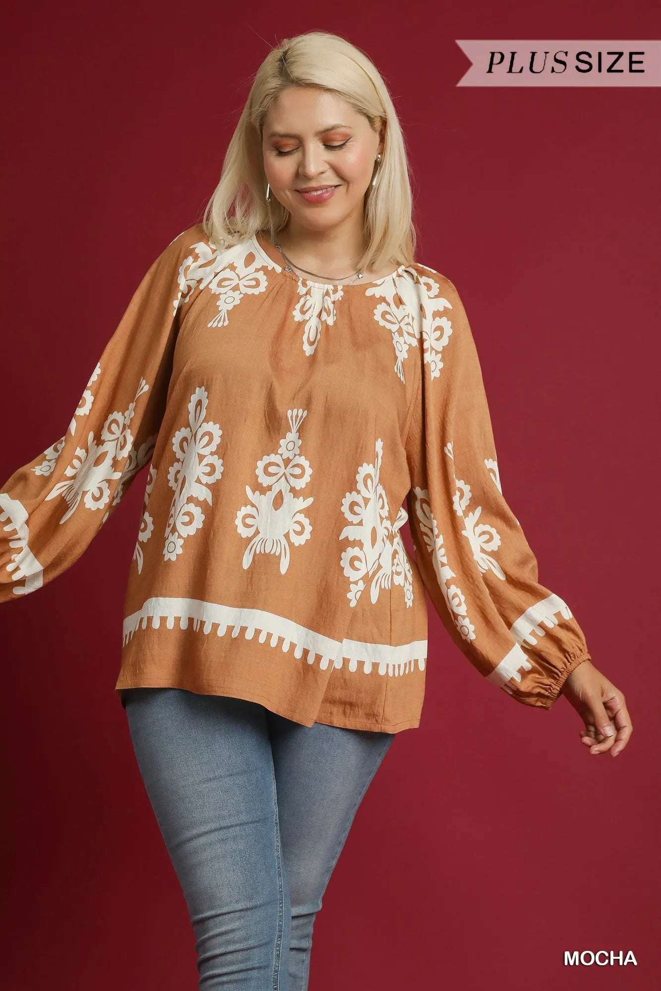 Umgee Full Size Two Tone Border Print Top with Balloon Sleeves Plus Size