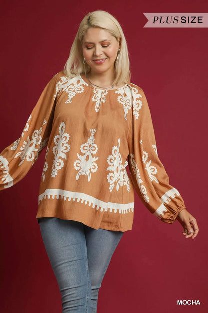 Umgee Full Size Two Tone Border Print Top with Balloon Sleeves Plus Size