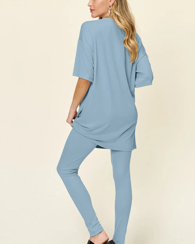 Double Take Full Size Round Neck Dropped Shoulder T-Shirt and Leggings Set