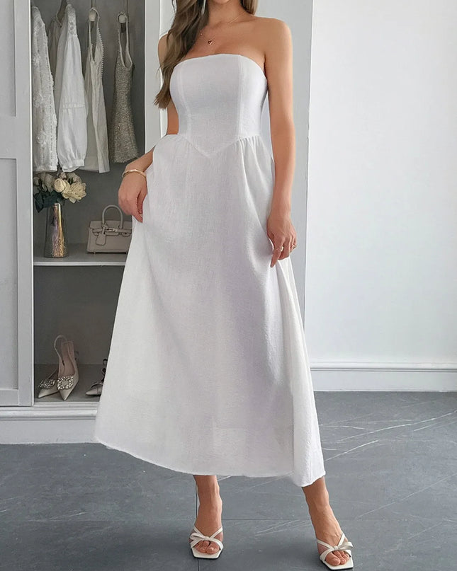 Strapless A-Line Midi Dress with Pockets 