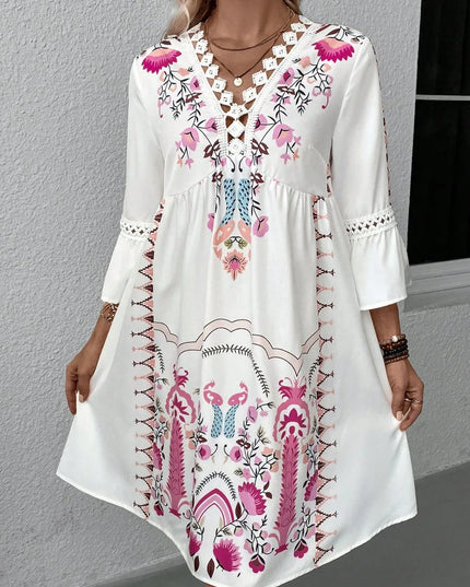 Lace Detail Printed Three-Quarter Sleeve Dress