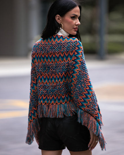 Shiny Fringe Hem Boat Neck Poncho