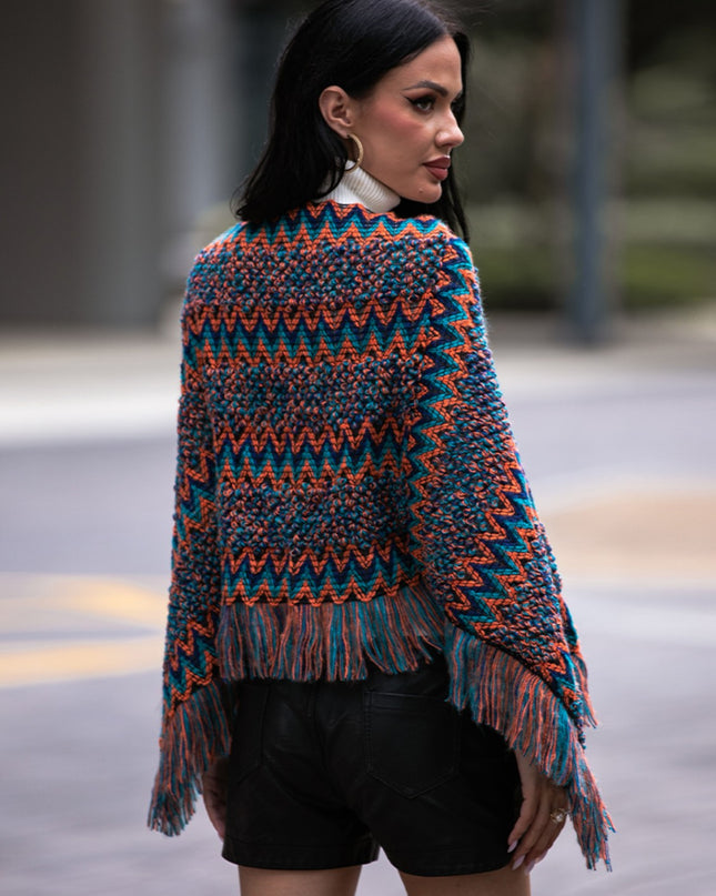 Shiny Fringe Hem Boat Neck Poncho