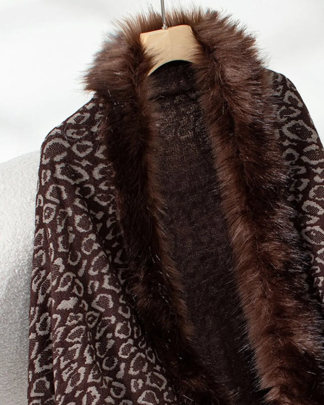 Fringe Leopard Open Front Long Sleeve Poncho