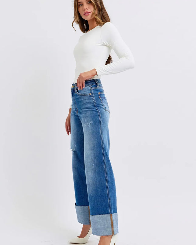 Judy Blue Full Size Distressed High Waist Wide Leg Jeans
