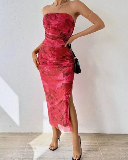 Printed Side Slit Tube Dress Red