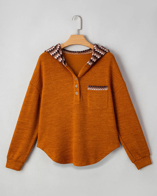 Contrast Plaid Hood Patchwork Chest Pocket Henley Top