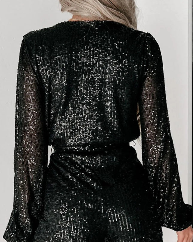 Sequin Surplice Long Sleeve Romper
