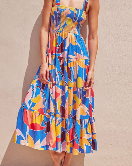 Floral Tie Shoulder Smocked Tiered Dress Multicolor