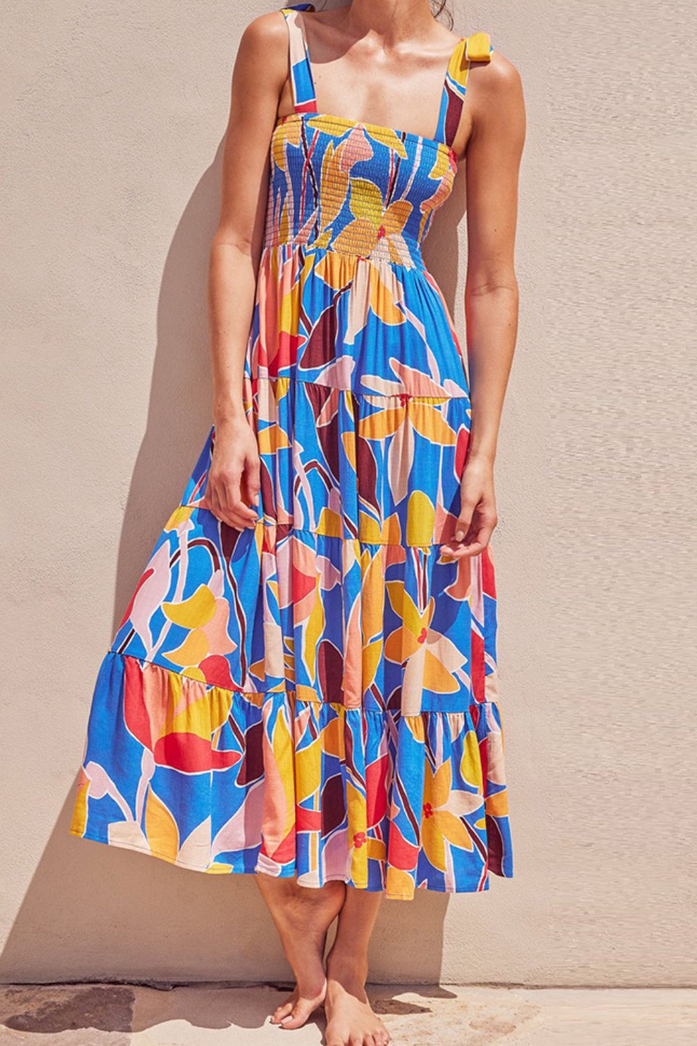 Floral Tie Shoulder Smocked Tiered Dress Multicolor