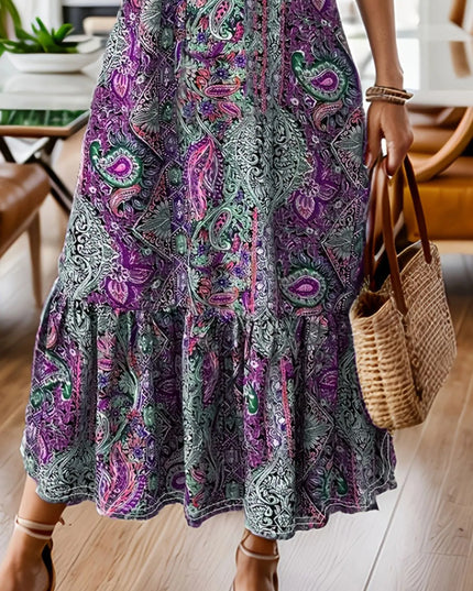 Full Size Bohemian Paisley Print Ruffle Hem Midi Dress Plus Size
