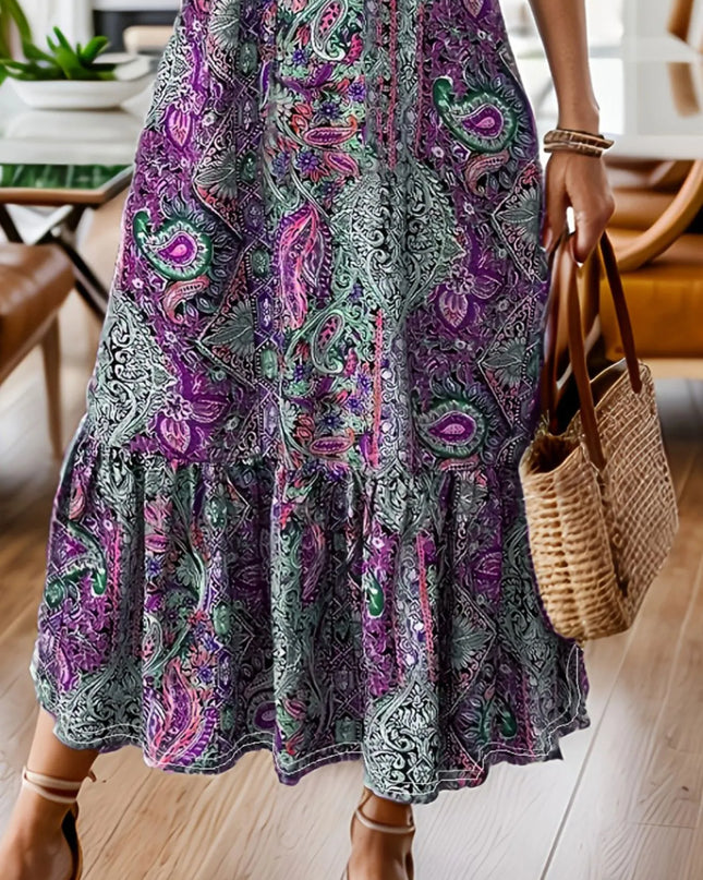 Full Size Bohemian Paisley Print Ruffle Hem Midi Dress Plus Size