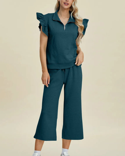 Double Take Full Size Texture Ruffle Short Sleeve Top and Wide Leg Pants Set