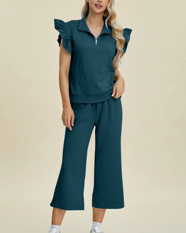 Double Take Full Size Texture Ruffle Short Sleeve Top and Wide Leg Pants Set