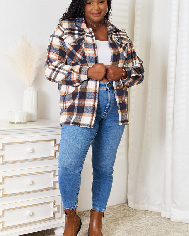 Double Take Plaid Button Front Shirt Jacket with Breast Pockets