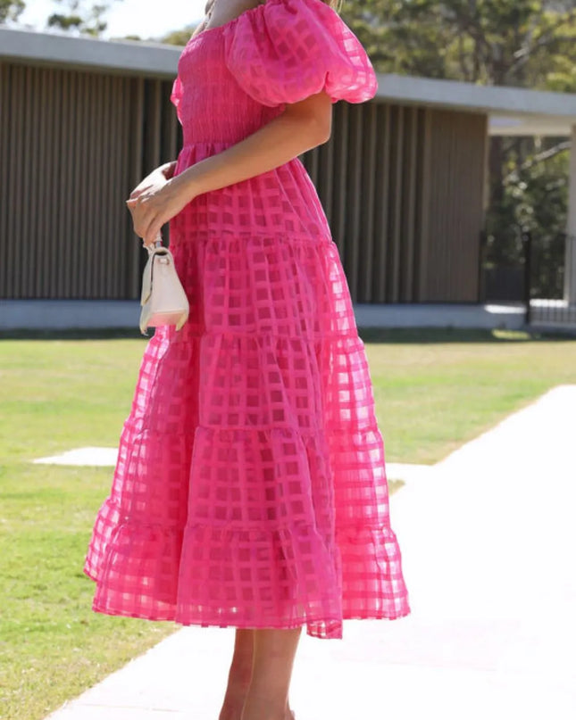 Off Shoulder Short Puff Sleeve Midi Dress