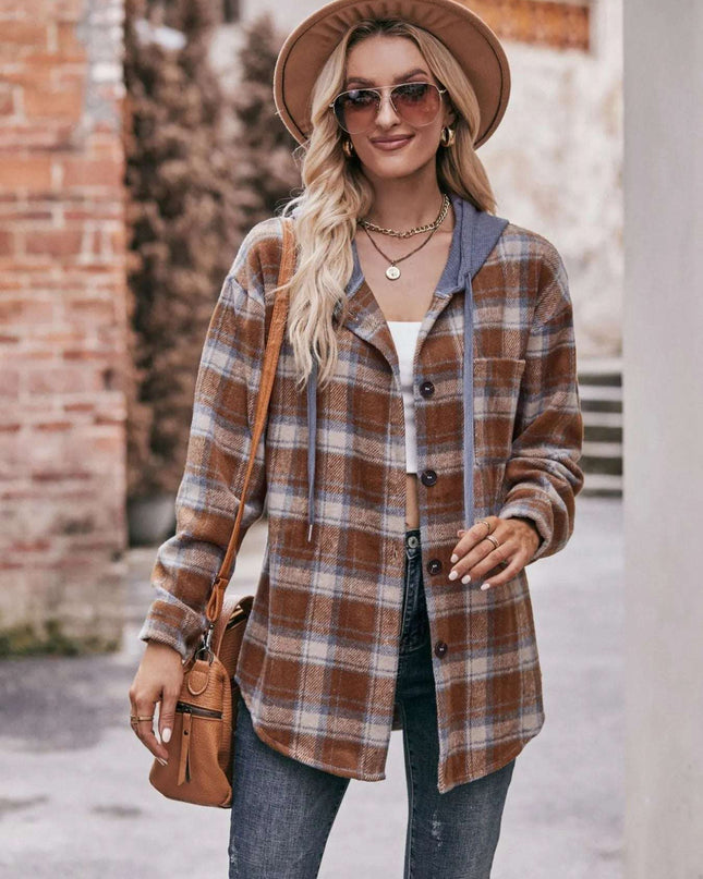 Oversized Plaid Button Up Shacket Caramel