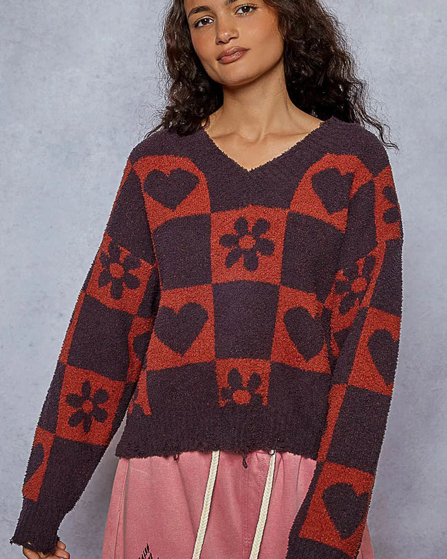 POL V-Neck Heart Pattern Checkered Sweater