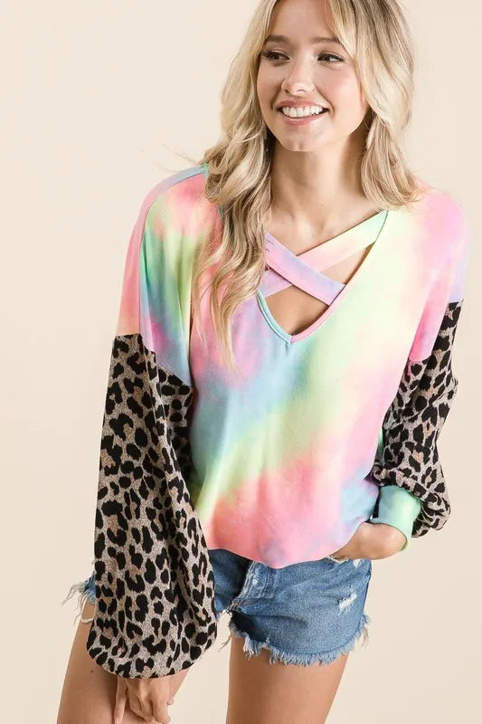 BiBi Tie Dye Terry Top with Leopard Puff Sleeves