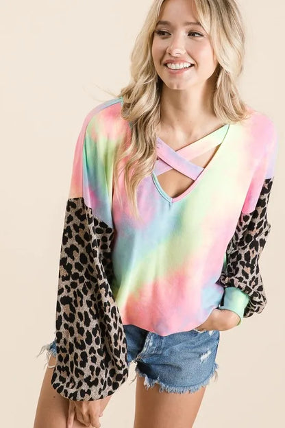 BiBi Tie Dye Terry Top with Leopard Puff Sleeves