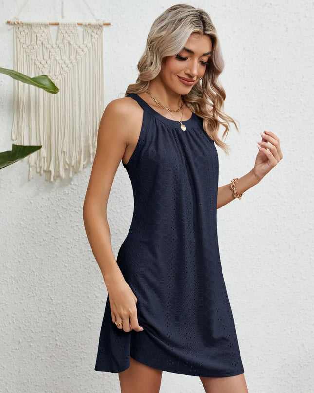 Eyelet Round Neck Sleeveless Dress 
