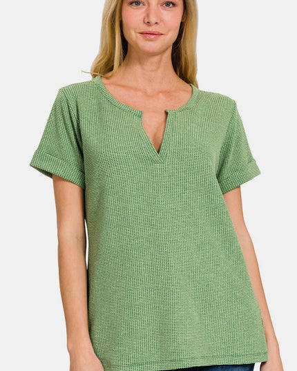 Zenana Waffle Notched Short Sleeve T-Shirt DK GREEN