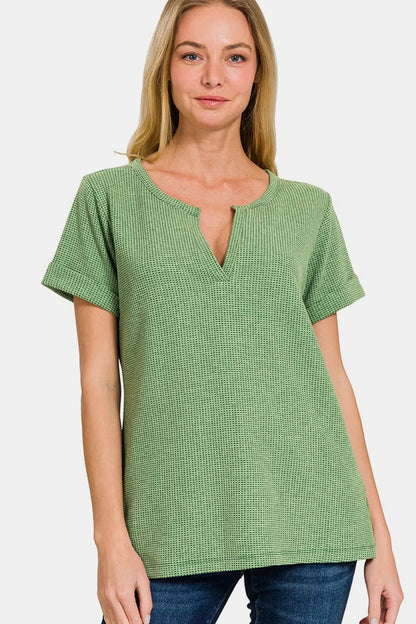 Zenana Waffle Notched Short Sleeve T-Shirt DK GREEN