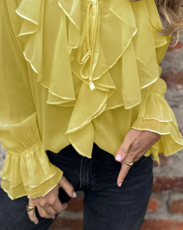 Ruffled Tie Front Flounce Sleeve Blouse