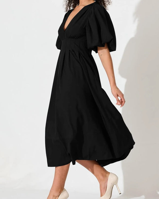 V-Neck Puff Sleeve Midi Dress