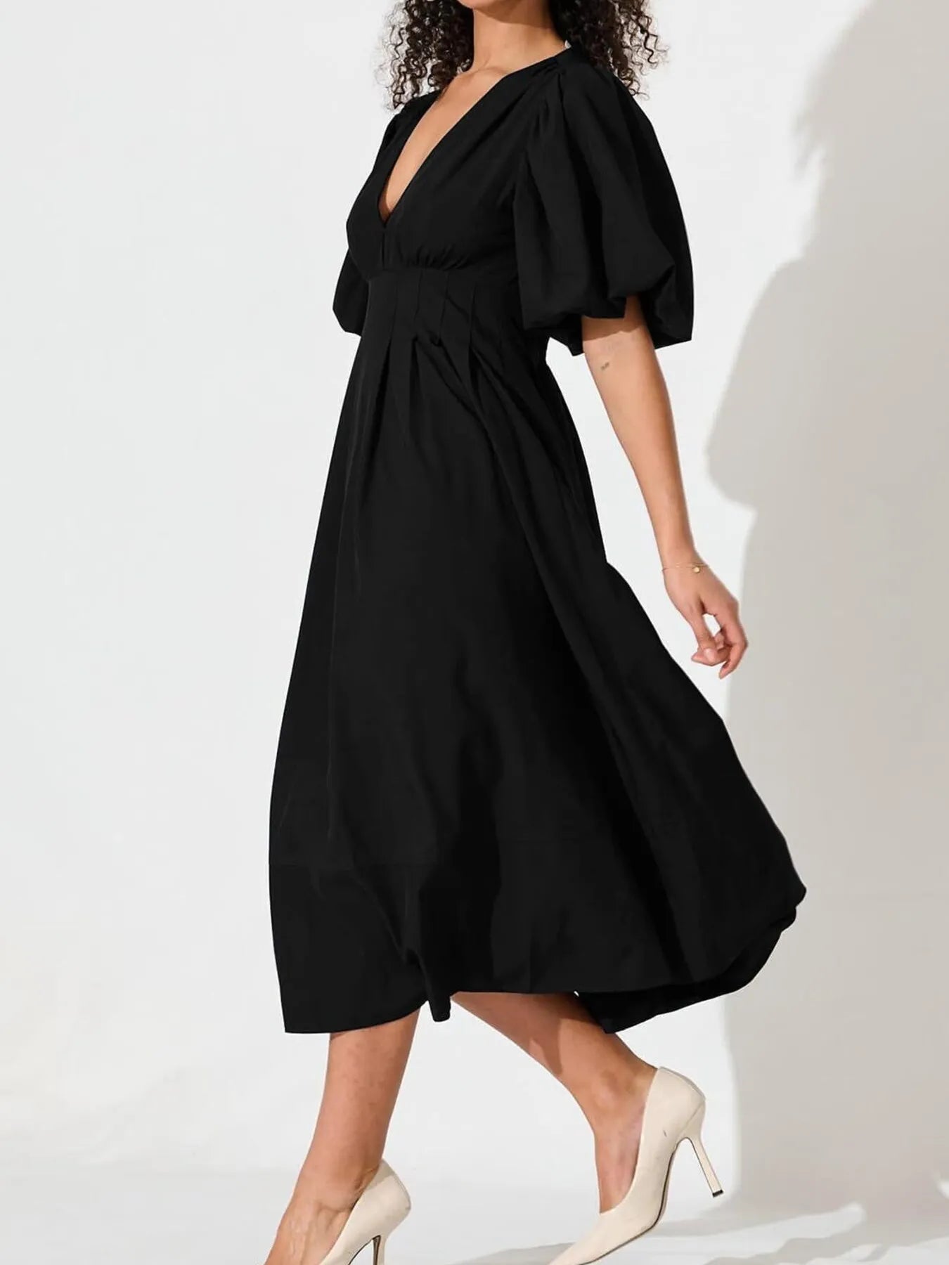 V-Neck Puff Sleeve Midi Dress