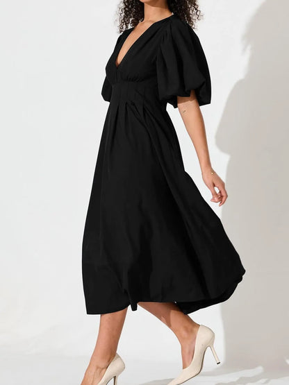V-Neck Puff Sleeve Midi Dress