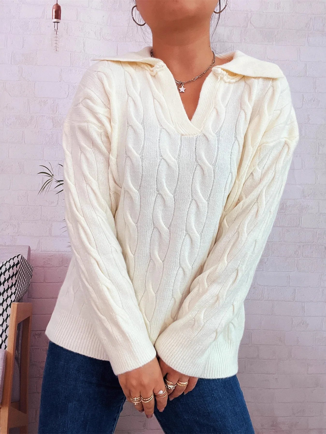 Cable Knit Johnny Collar Sweater